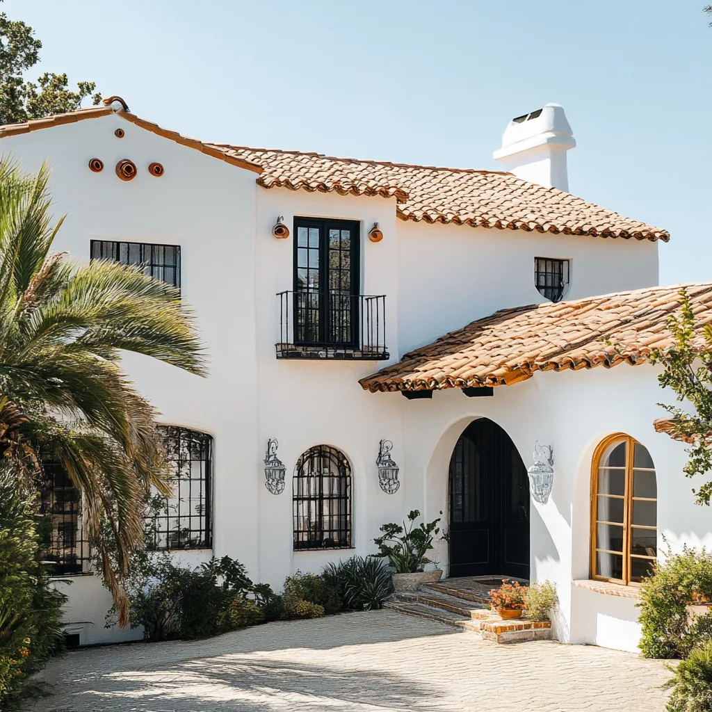 Casa de estilo mediterráneo con paredes blancas, tejado de tejas de terracota y jardín bien cuidado al frente.