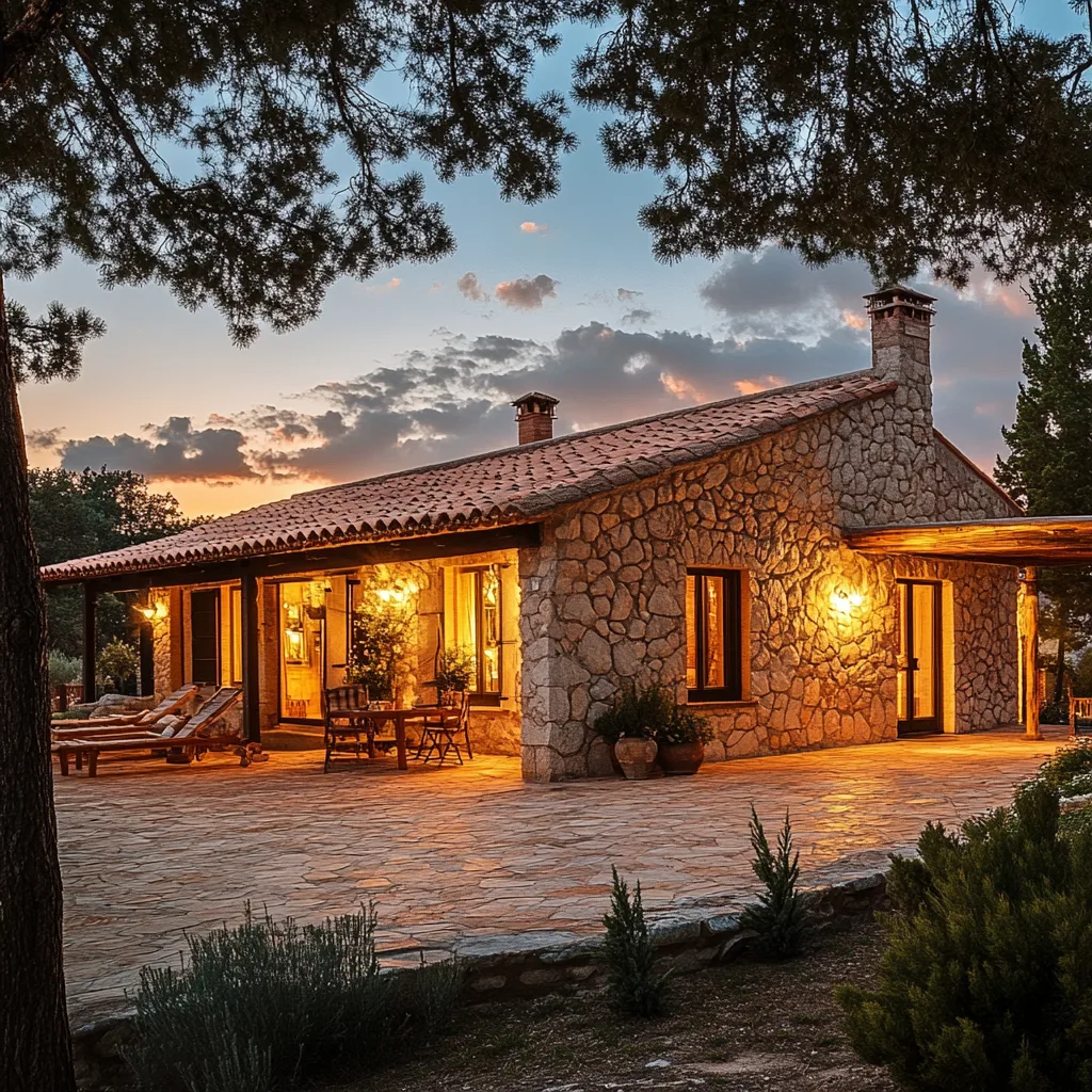 Fachada de una casa rural española al atardecer con tejado de tejas e iluminación cálida, ideal para aplicar aislamiento térmico reflexivo.
