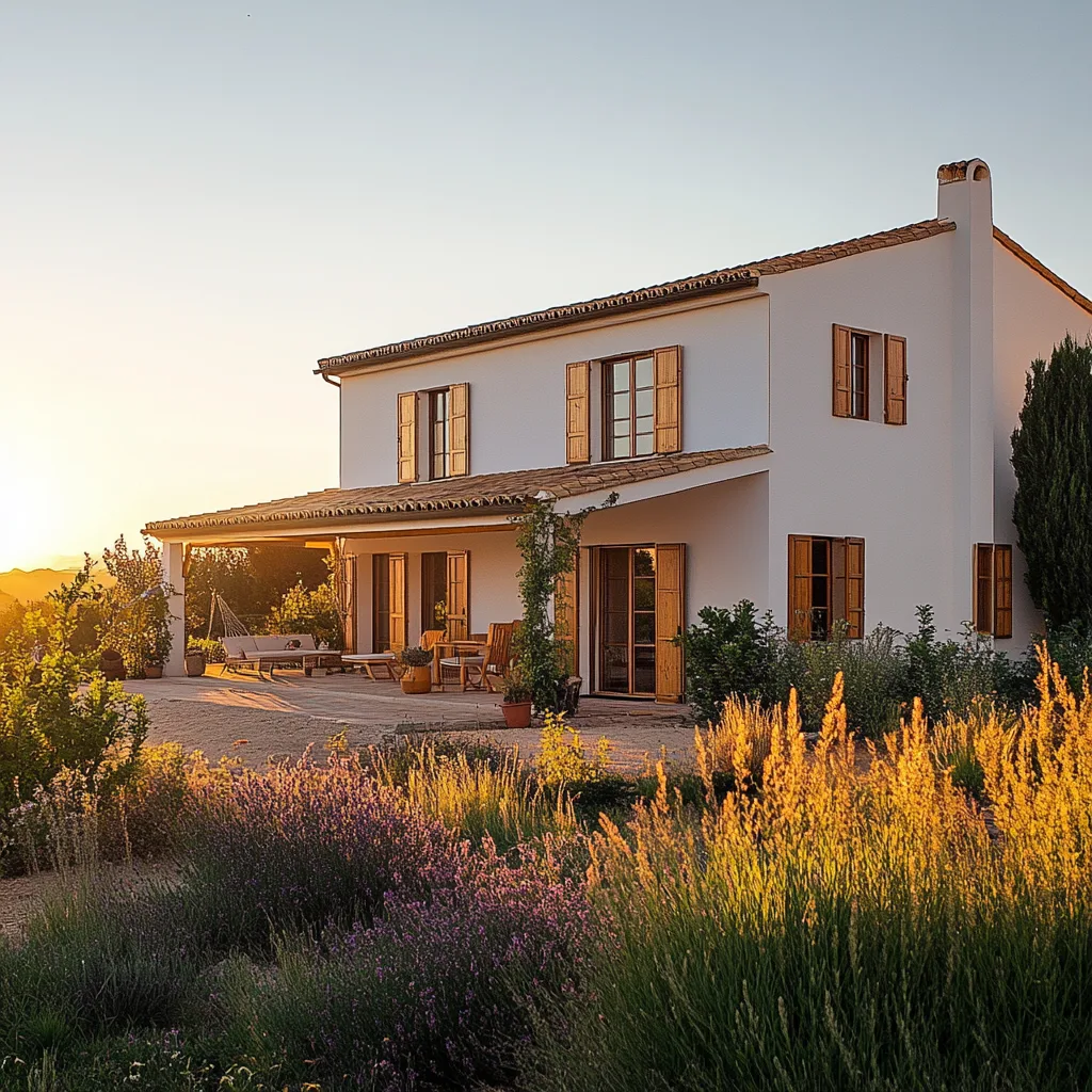 Fachada de una casa mediterránea de clase media en una zona rural de España, ideal para aplicar aislamiento térmico por inyección