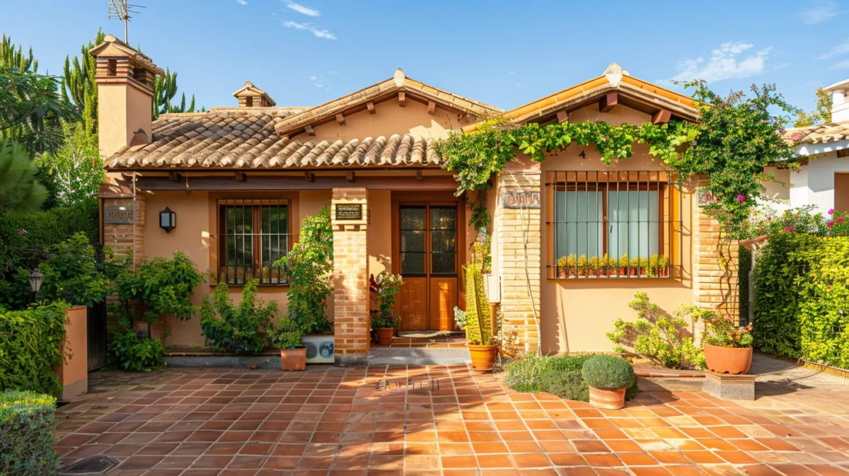 Fachada de una casa típica española con tejado de tejas y plantas, ideal para ilustrar el confort del hogar tras el aislamiento térmico.