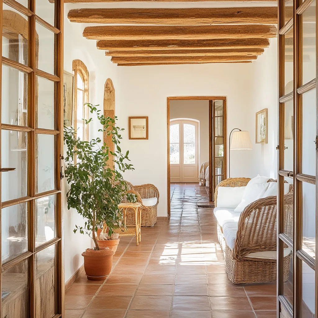Pasillo interior de una casa de clase media en España con luz natural, muebles rústicos y techos con vigas de madera, ideal para aplicar aislamiento insuflado
