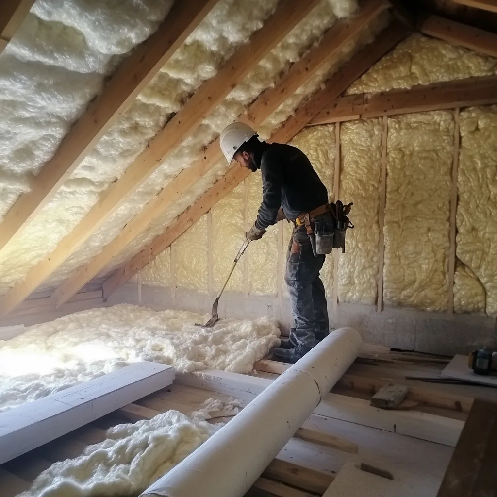 Técnico instalando aislamiento térmico en un ático con lana mineral.