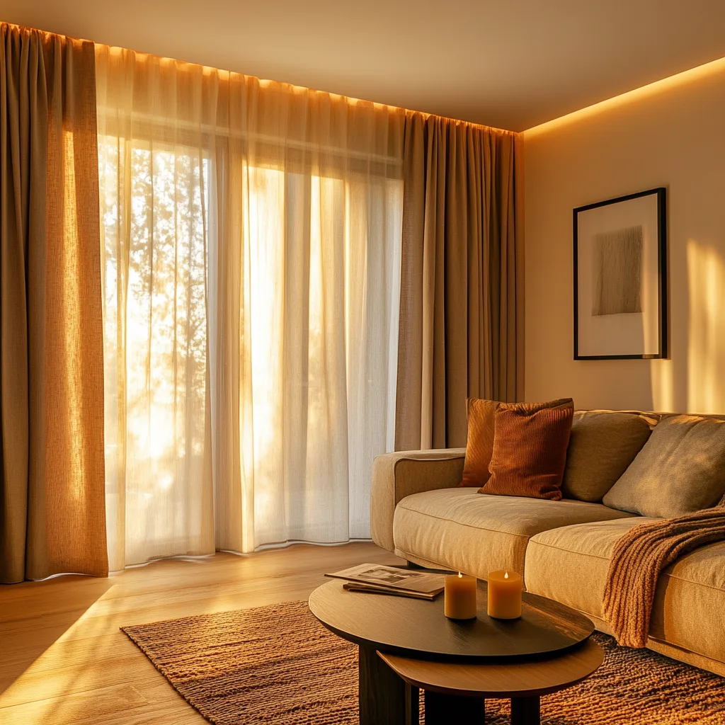 Salón español con cortinas térmicas y luces LED de bajo consumo, eficiencia energética en el hogar.