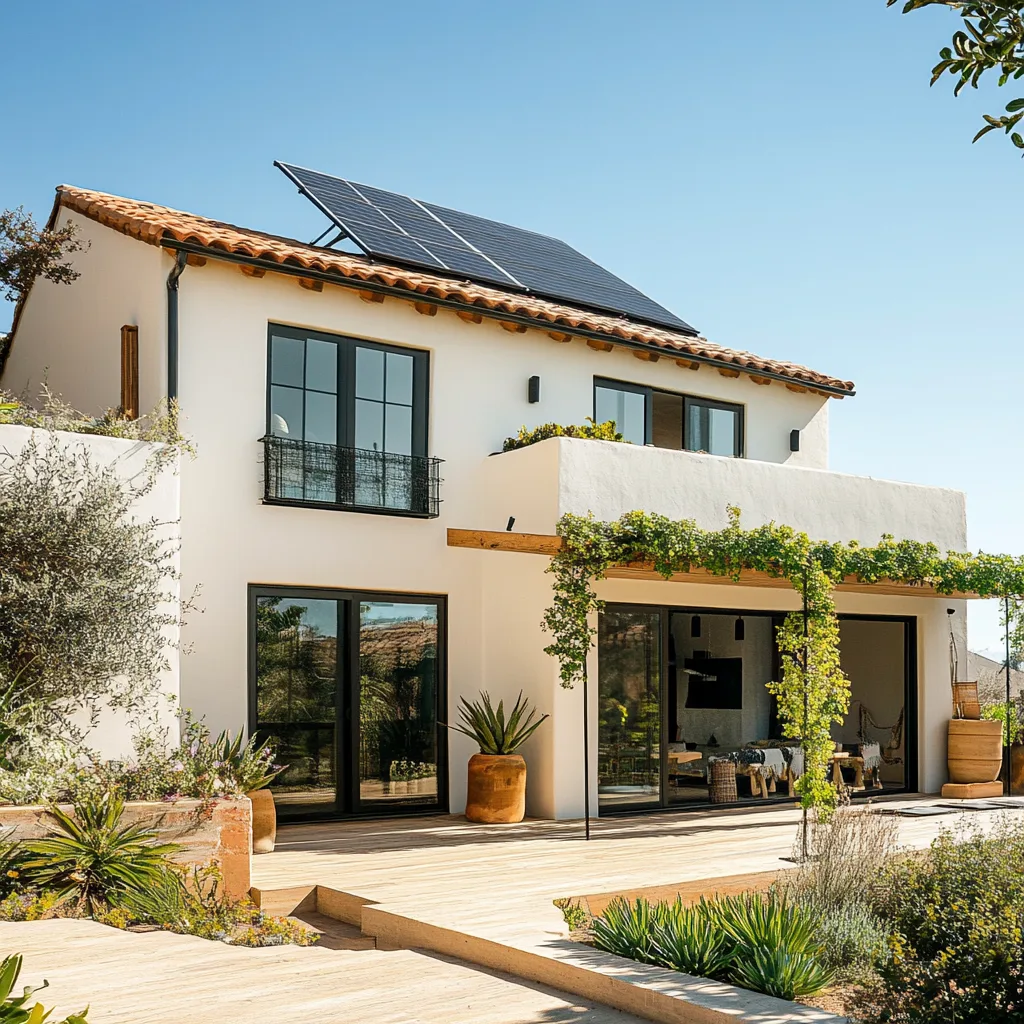 Casa moderna ecológica en España con paneles solares y vegetación