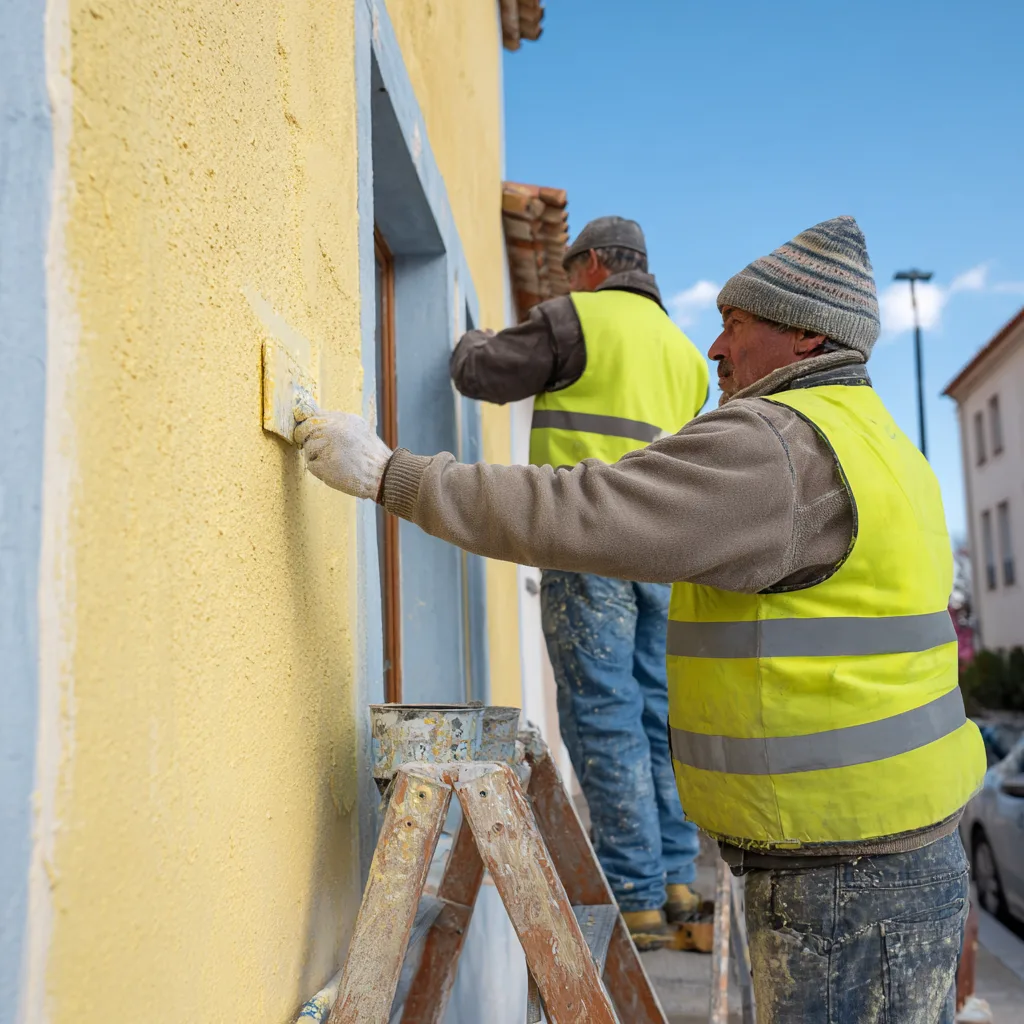 Trabajadores aplicando aislamiento exterior en fachada de vivienda unifamiliar