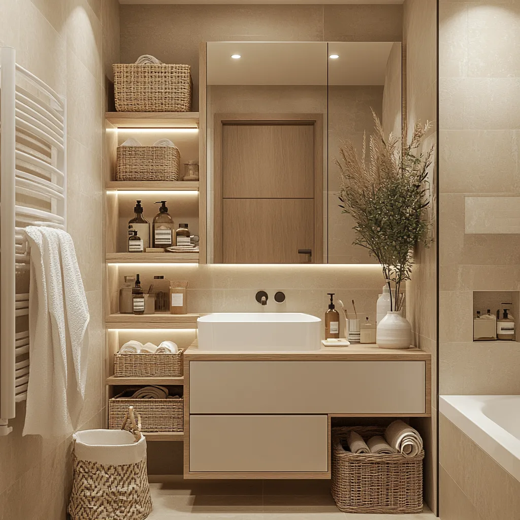 Estanterías flotantes y decoración funcional en baño pequeño con estilo acogedor