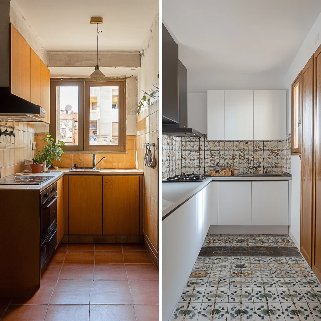 cuanto cuesta reformar una cocina, comparación visual de cocina antigua y renovada con diseño moderno.