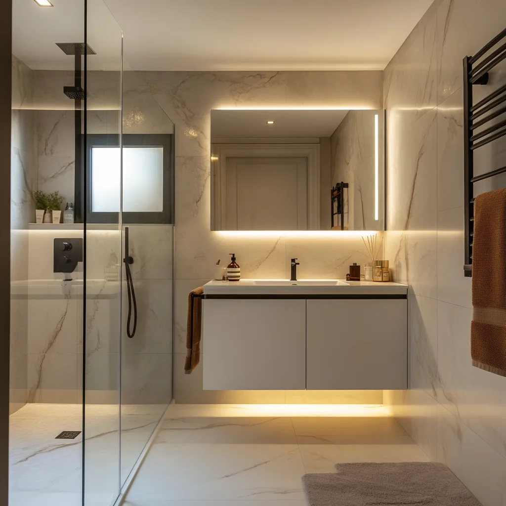 Baño reformado sin obras con microcemento y paneles vinílicos – ejemplo de reforma moderna rápida
