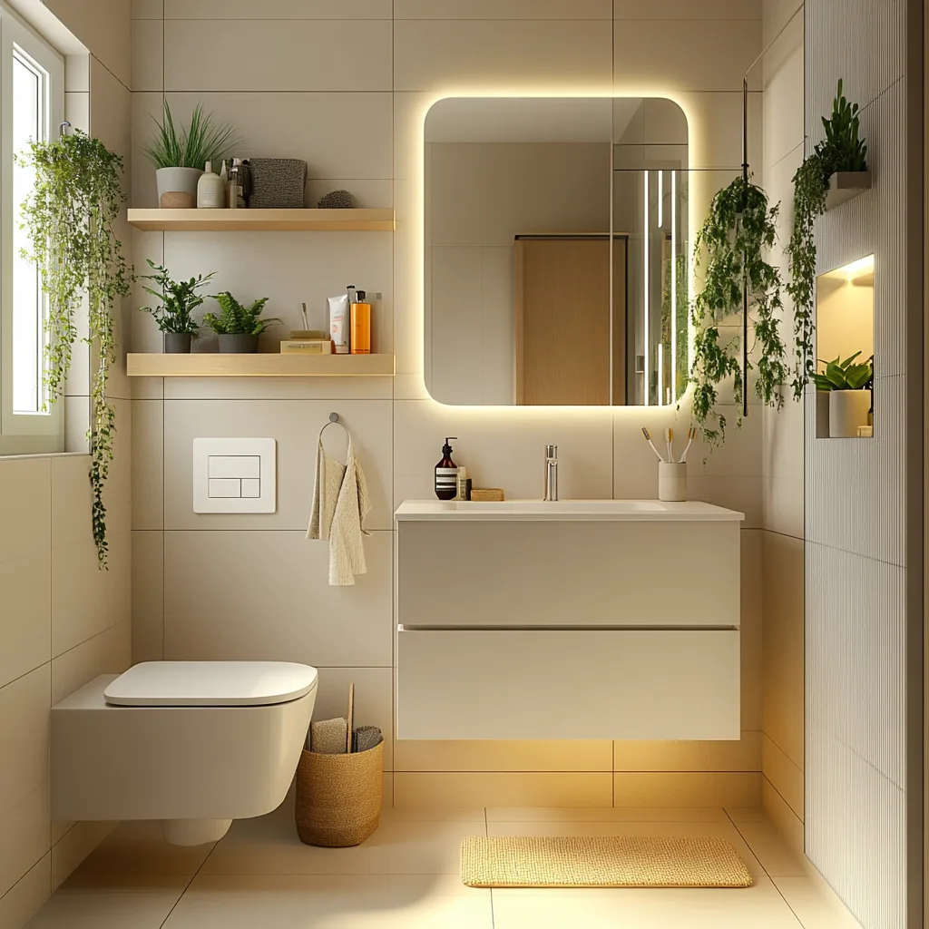 Baño pequeño moderno con almacenaje vertical y diseño minimalista en tonos claros