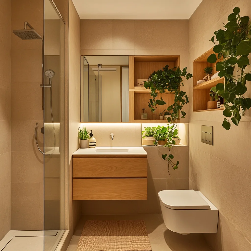 Baño pequeño con ducha sin plato, mobiliario flotante y materiales sostenibles como parte de una reforma eficiente