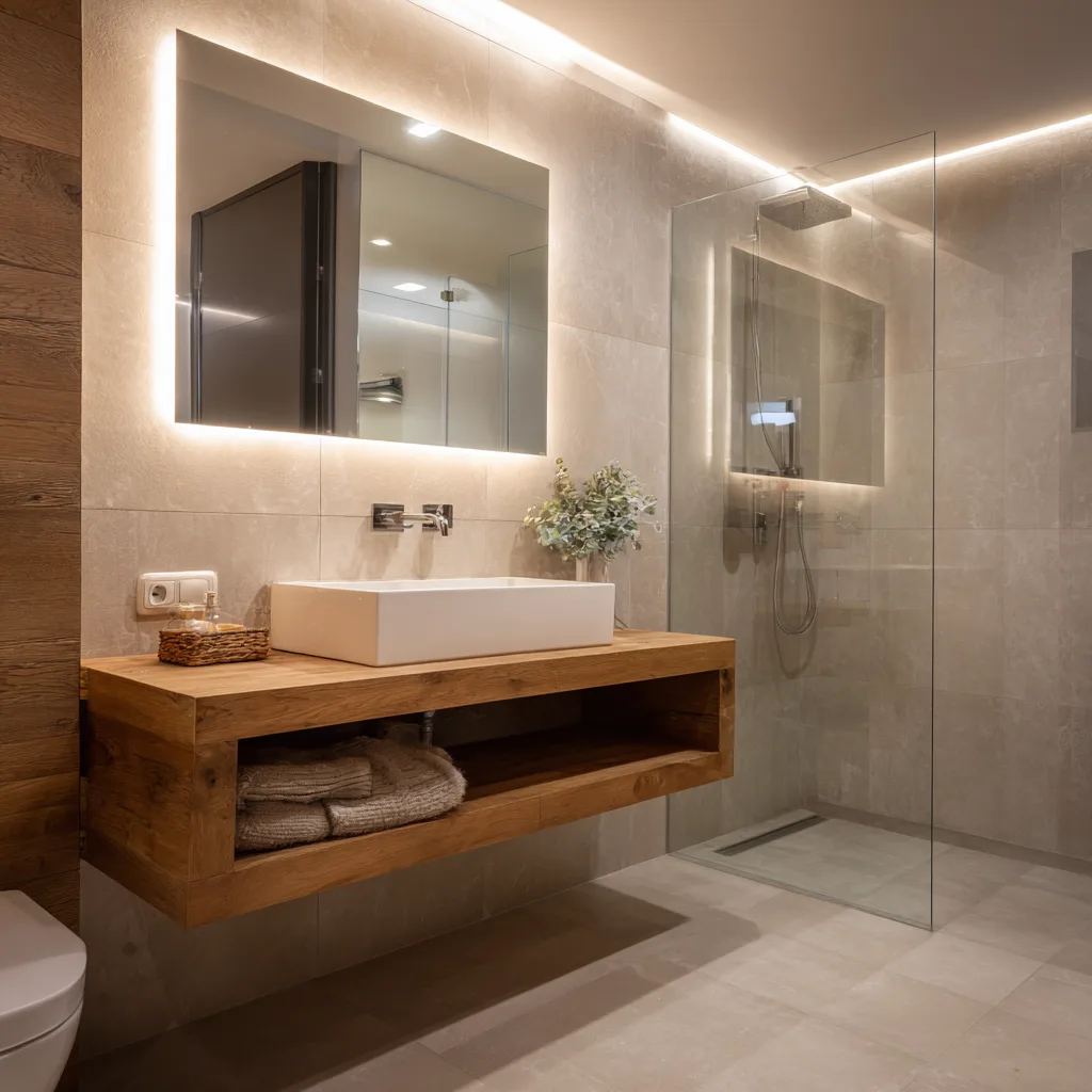 Baño moderno reformado con ducha a ras de suelo en vivienda de clase media