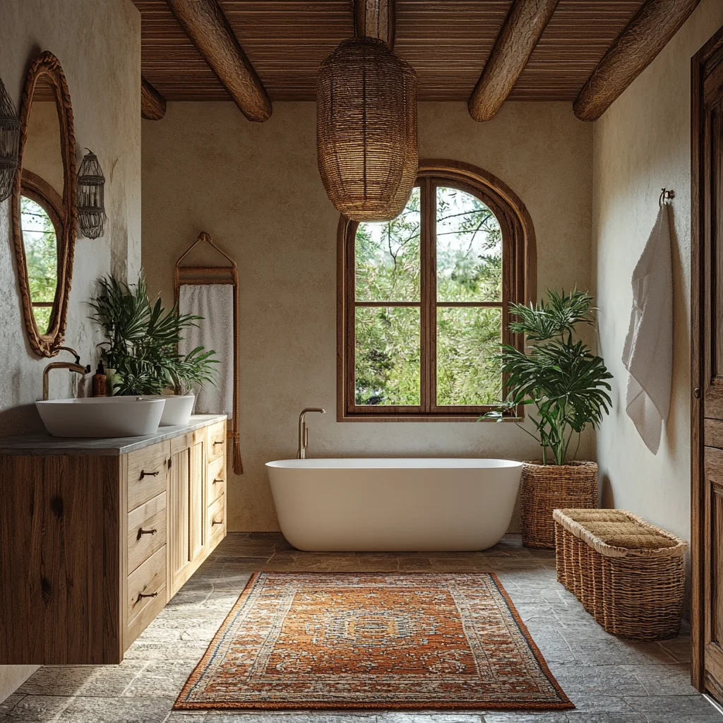 Baño rústico sostenible con bañera exenta, lavabos dobles y mobiliario de madera natural en ambiente mediterráneo