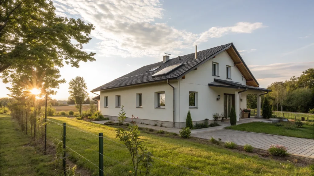 ¿Qué pasa si una casa no tiene certificado energético? Vivienda eficiente con paneles solares que cumple con el certificado energético en entorno rural