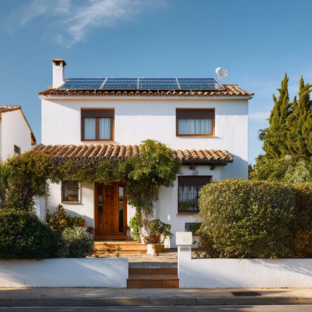Casa española con fachada blanca y placas solares en el tejado
