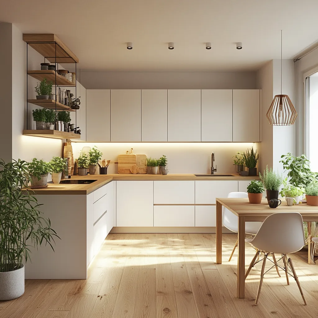 Cocina abierta al salón con estilo nórdico y acabados naturales