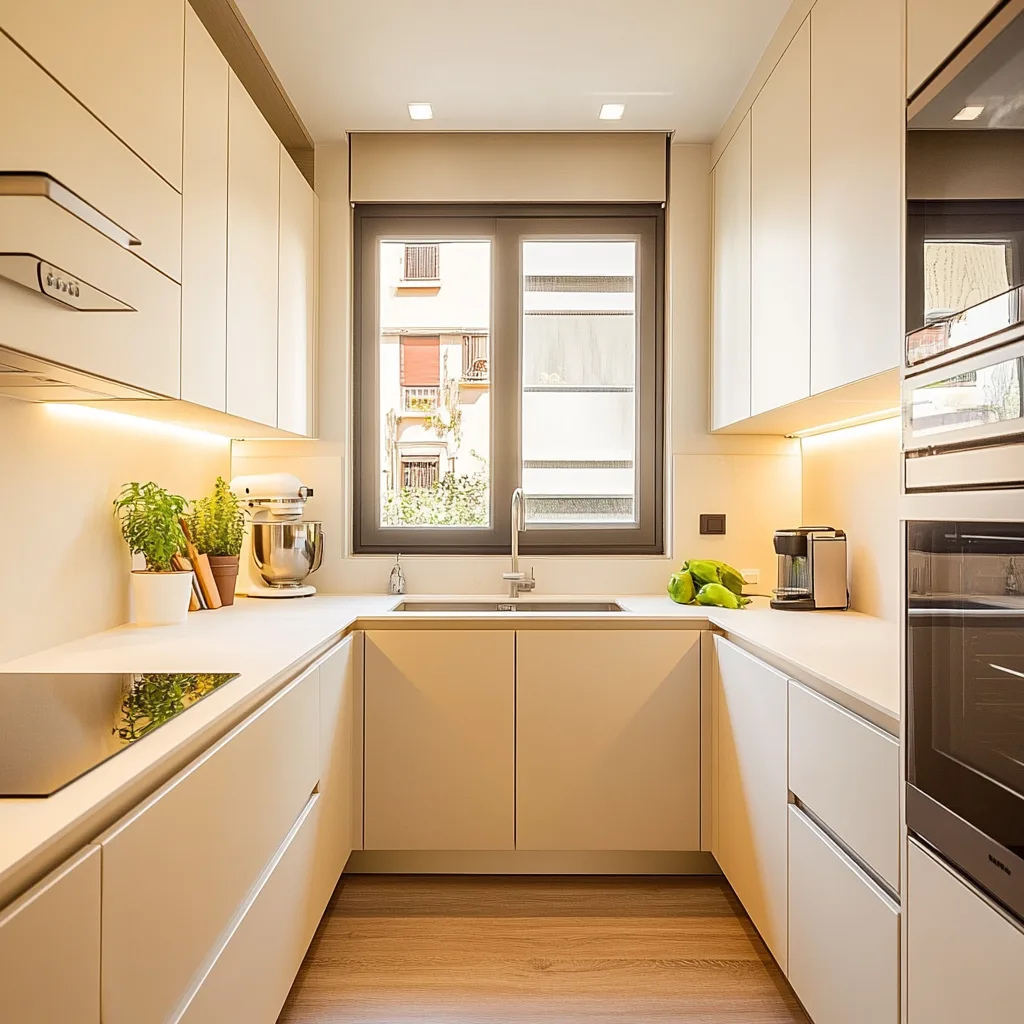 Cocina en L reformada con muebles claros y encimera blanca sostenible