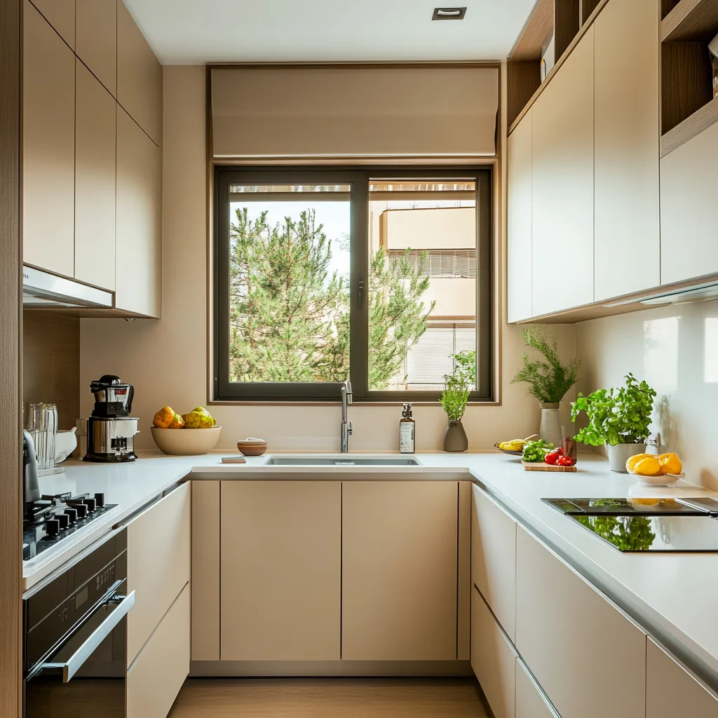 Cocina moderna en U con muebles beige, encimeras blancas y gran ventana con plantas decorativas