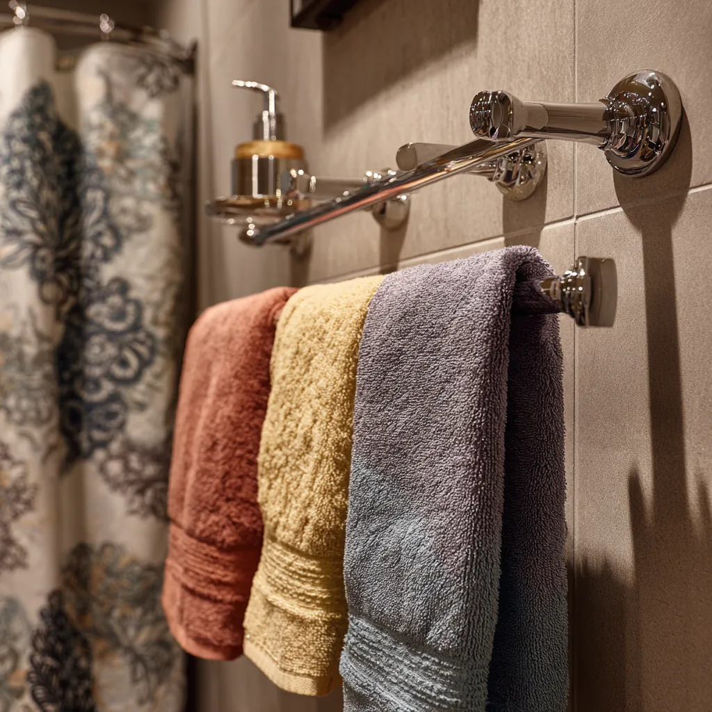 Baño con toalleros modernos, toallas coloridas y accesorios decorativos