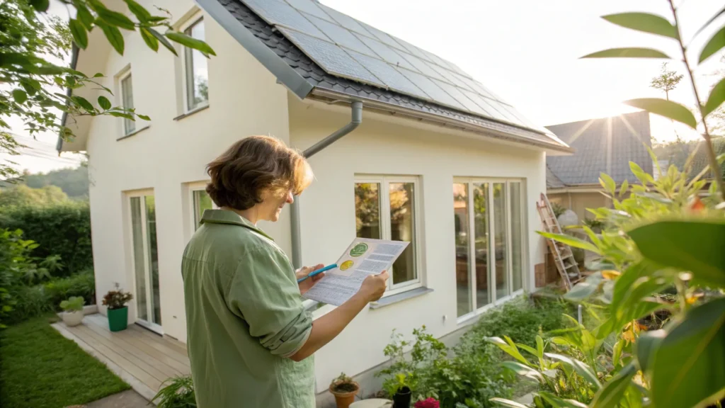 Persona analizando un informe de eficiencia energética frente a una casa con paneles solares