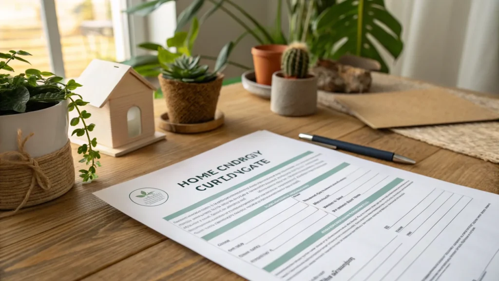 ¿Cuánto se tarda en conseguir el certificado energético de una vivienda? Documento de eficiencia energética sobre una mesa de madera rodeado de plantas y decoración sostenible