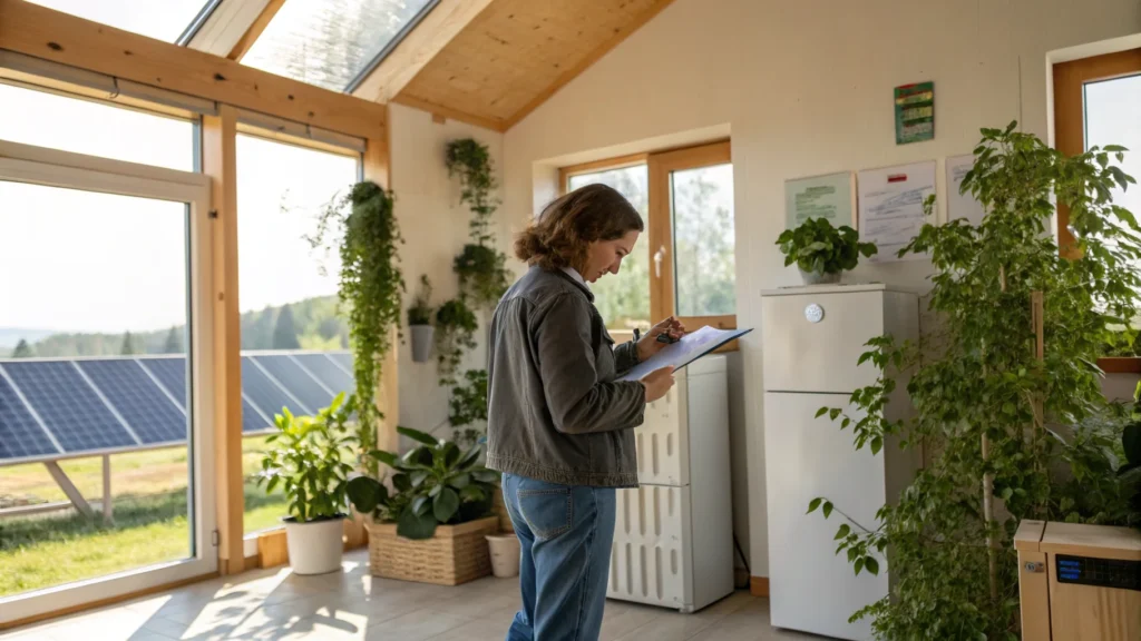 Técnico revisando instalación para el certificado energético en una vivienda con energía solar