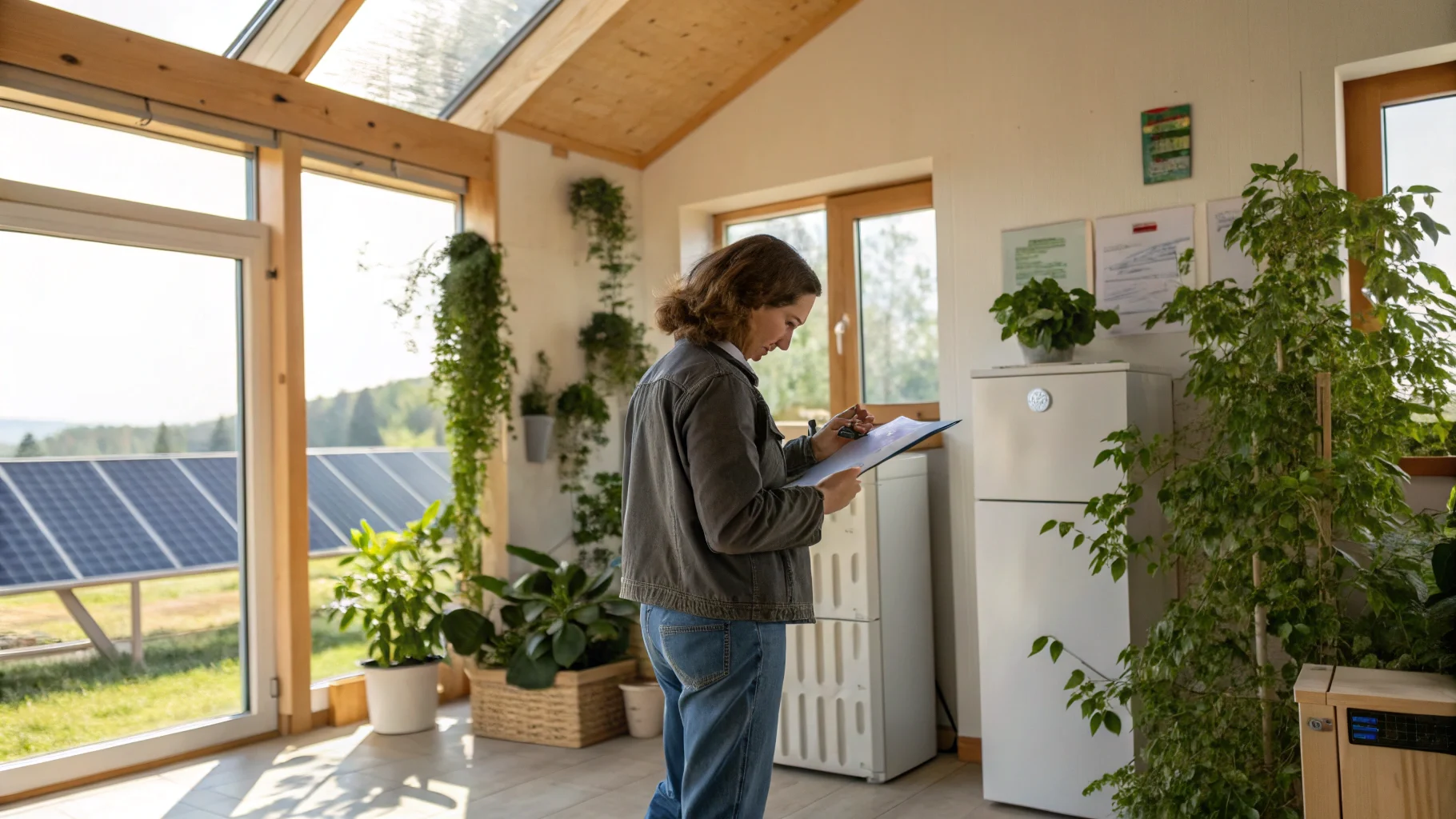 Técnico revisando instalación para el certificado energético en una vivienda con energía solar