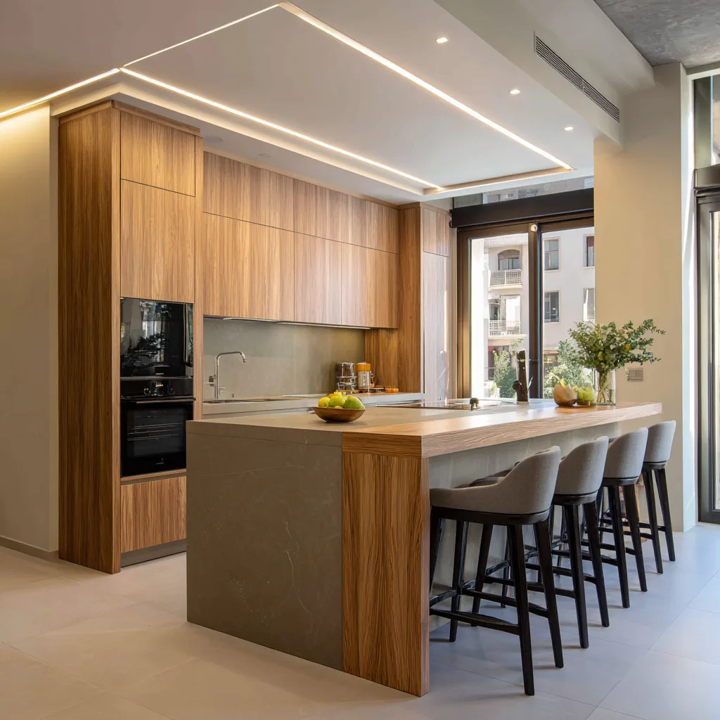reformas de cocinas. Cocina con isla y electrodomésticos integrados en vivienda de clase media