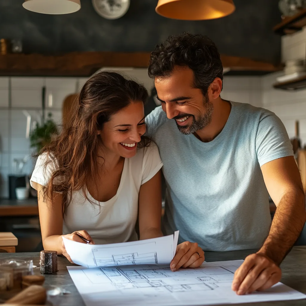 Pareja española revisando planos para reformar su cocina con eficiencia.