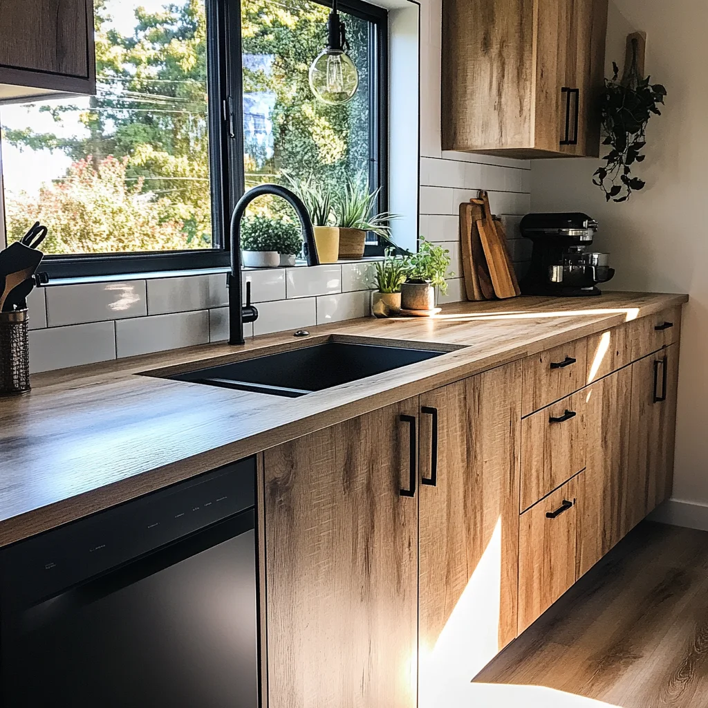 Reforma económica de cocina pequeña con vinilos y muebles existentes