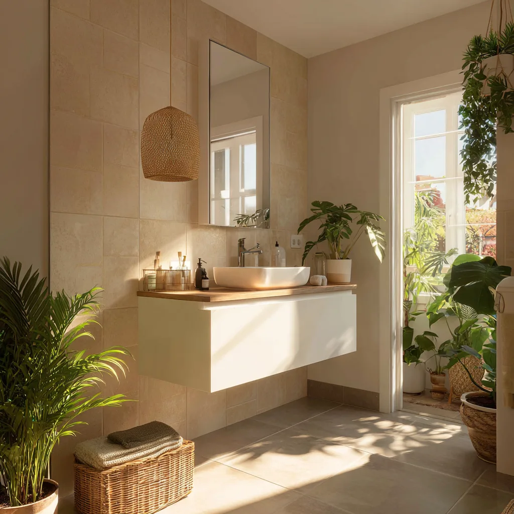 Baño pequeño reformado con muebles flotantes y luz natural
