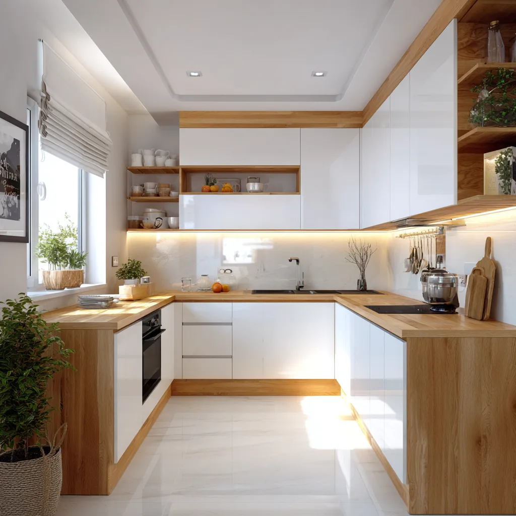 Cocina familiar con distribución en L y materiales naturales