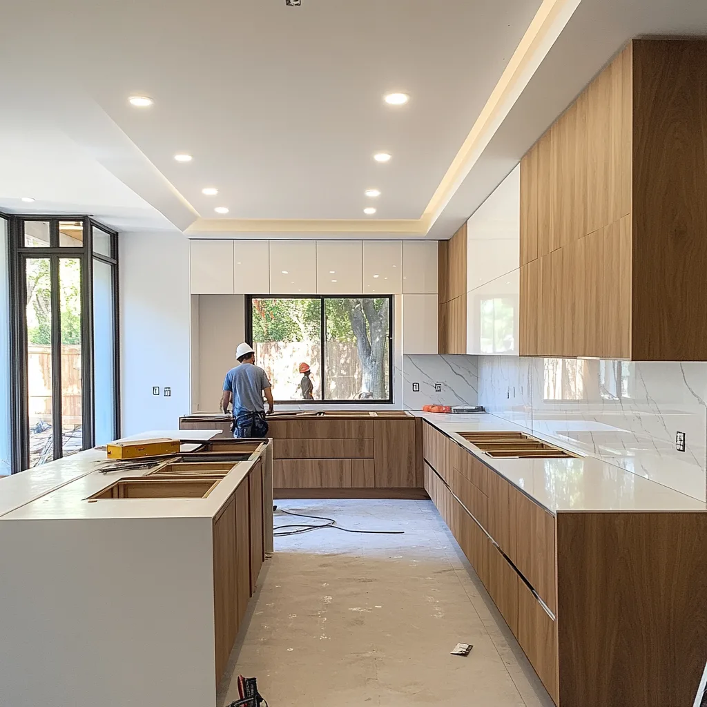 Cocina moderna reformada con muebles blancos y encimera de cuarzo durante una renovación en España.