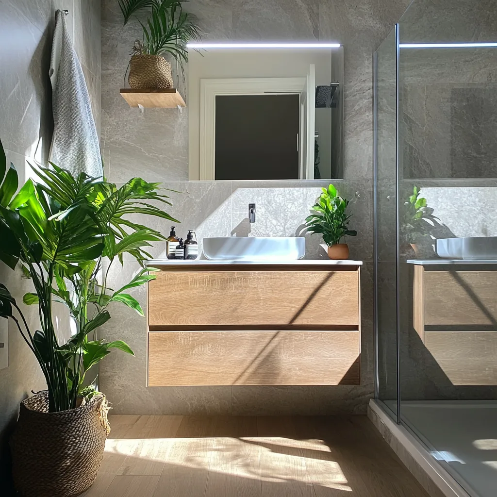 Baño pequeño renovado sin obras con suelo vinílico y vinilo adhesivo efecto piedra